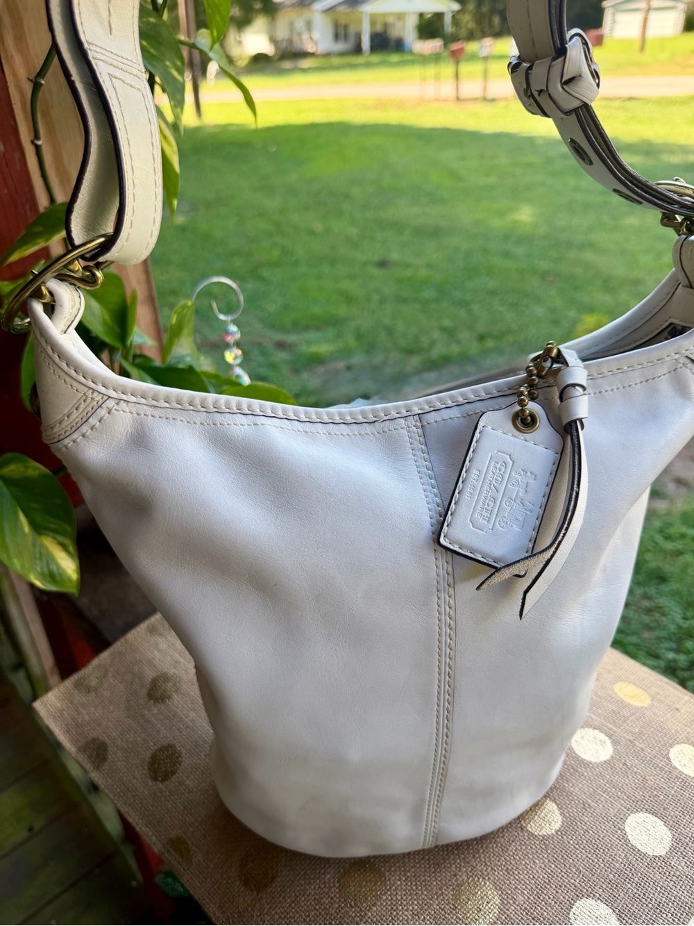 Vintage Coach Bleecker Tattersall Duffle Bucket Bag ~White Leather Purse ~Y2K